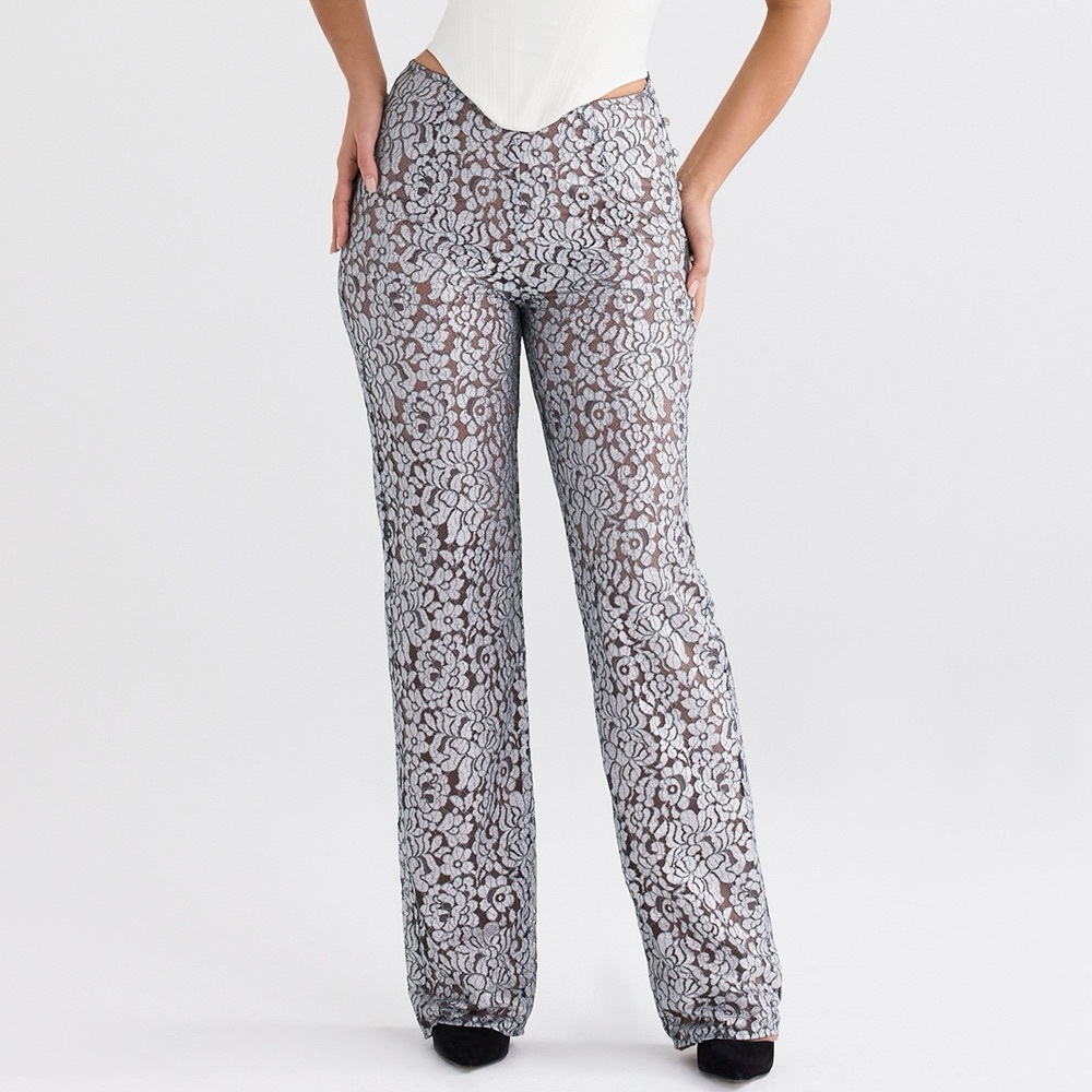 House of Cb Mara Silver Metallic Lace Trousers